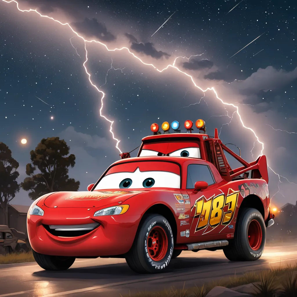 a lightning bolt is in the sky behind a red car with lightning bolts in the background and lightning bolt in the sky, sots art, concept art, Beeple, cinematic lightning
