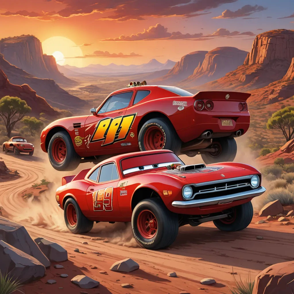a painting of a red car and a red car in the desert with a sunset in the background and a mountain range in the background, sots art, concept art, Cliff Childs, pixar and disney animation