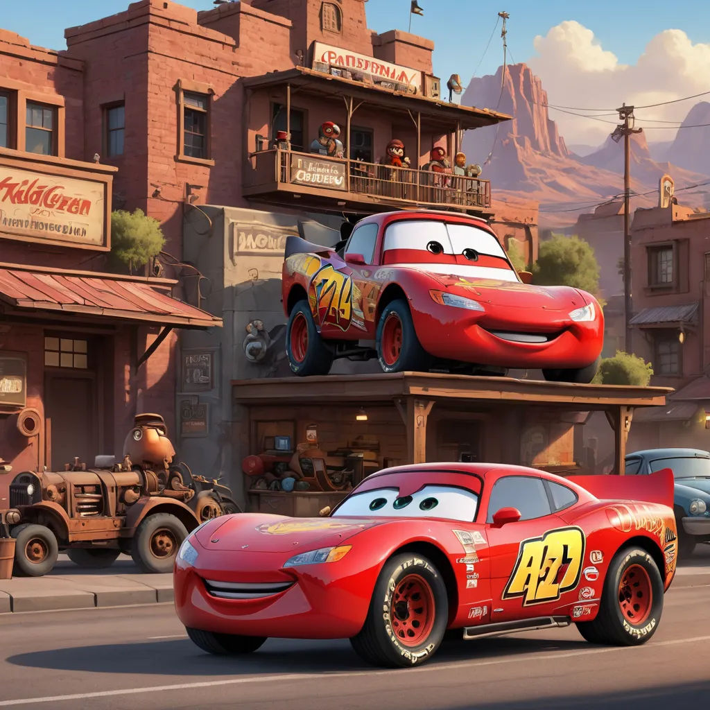 a cartoon character is driving a car in front of a building with cars on it and a person is standing on top of the car, excessivism, concept art, disney, pixar and disney animation