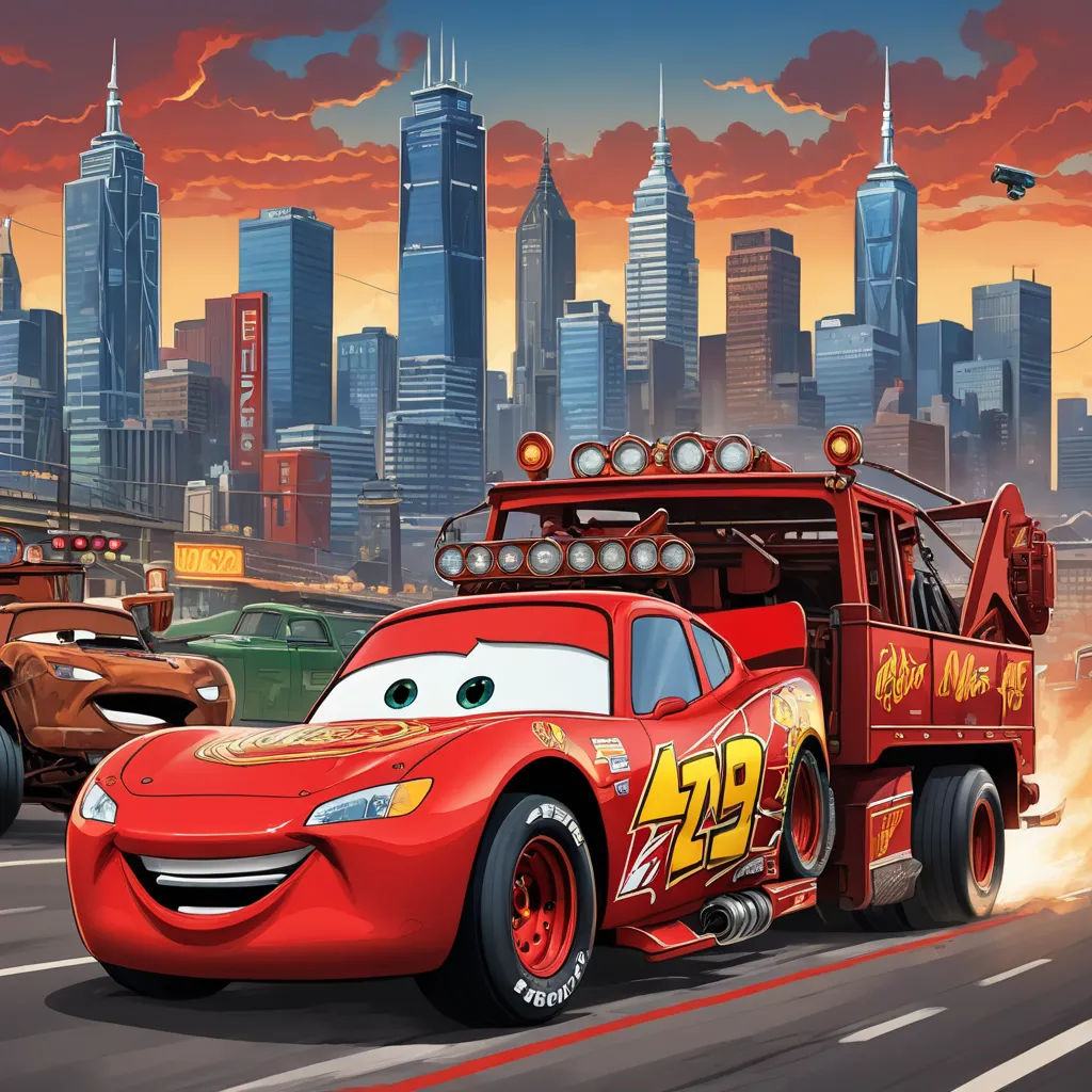a cartoon character is driving a fire truck in front of a cityscape with lightning bolt on it, sots art, concept art, Eddie Mendoza, official art