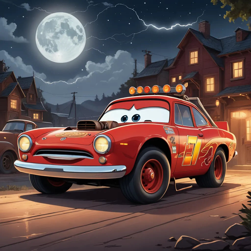 a cartoon character is driving a red car in the street at night with a full moon in the background, sots art, concept art, Cliff Childs, promotional image