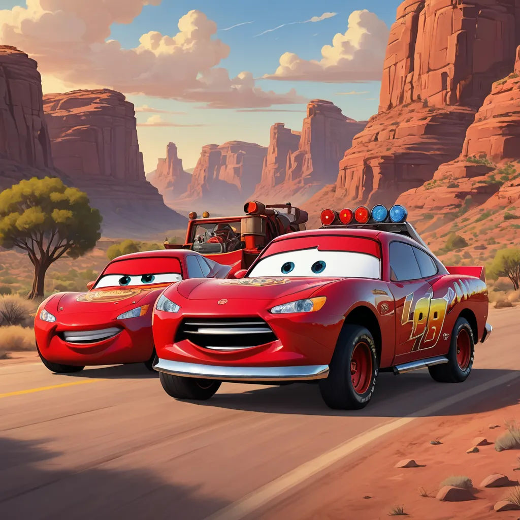 a couple of cars driving down a road next to a mountain range in the background with a sky background, maximalism, concept art, disney, pixar and disney animation