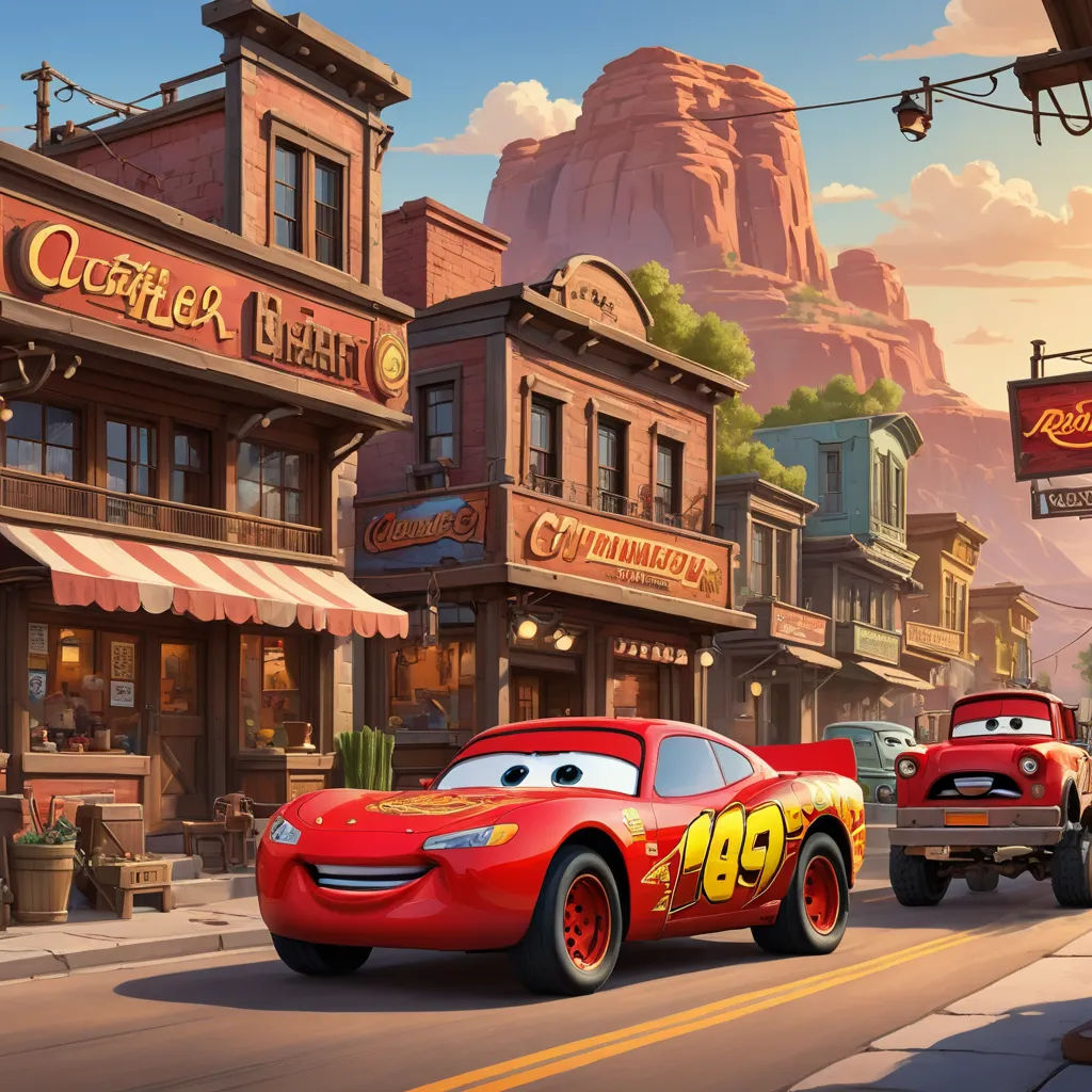 a cartoon character is driving a red car down the street in front of a restaurant and a movie theater, american scene painting, concept art, Cliff Childs, pixar and disney animation