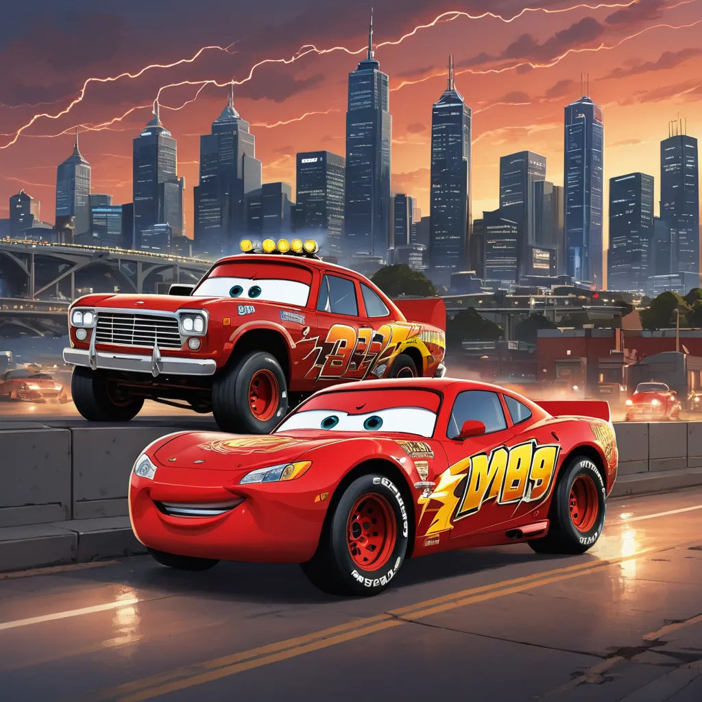 a cartoon character is driving a red car in front of a cityscape with lightning bolt on it, sots art, concept art, Eddie Mendoza, official art