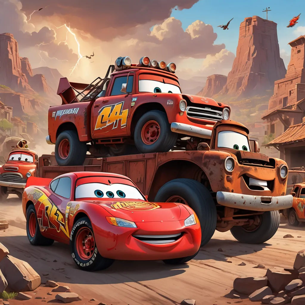 a cartoon character is riding on the back of a tow truck in a desert scene with lightning bolt and lightning bolt, sots art, concept art, Cliff Childs, pixar and disney animation