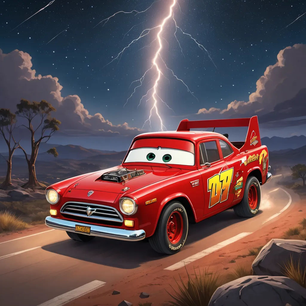 a cartoon character is driving a red car with lightning in the background and a lightning bolt in the sky, sots art, concept art, Cliff Childs, lightning