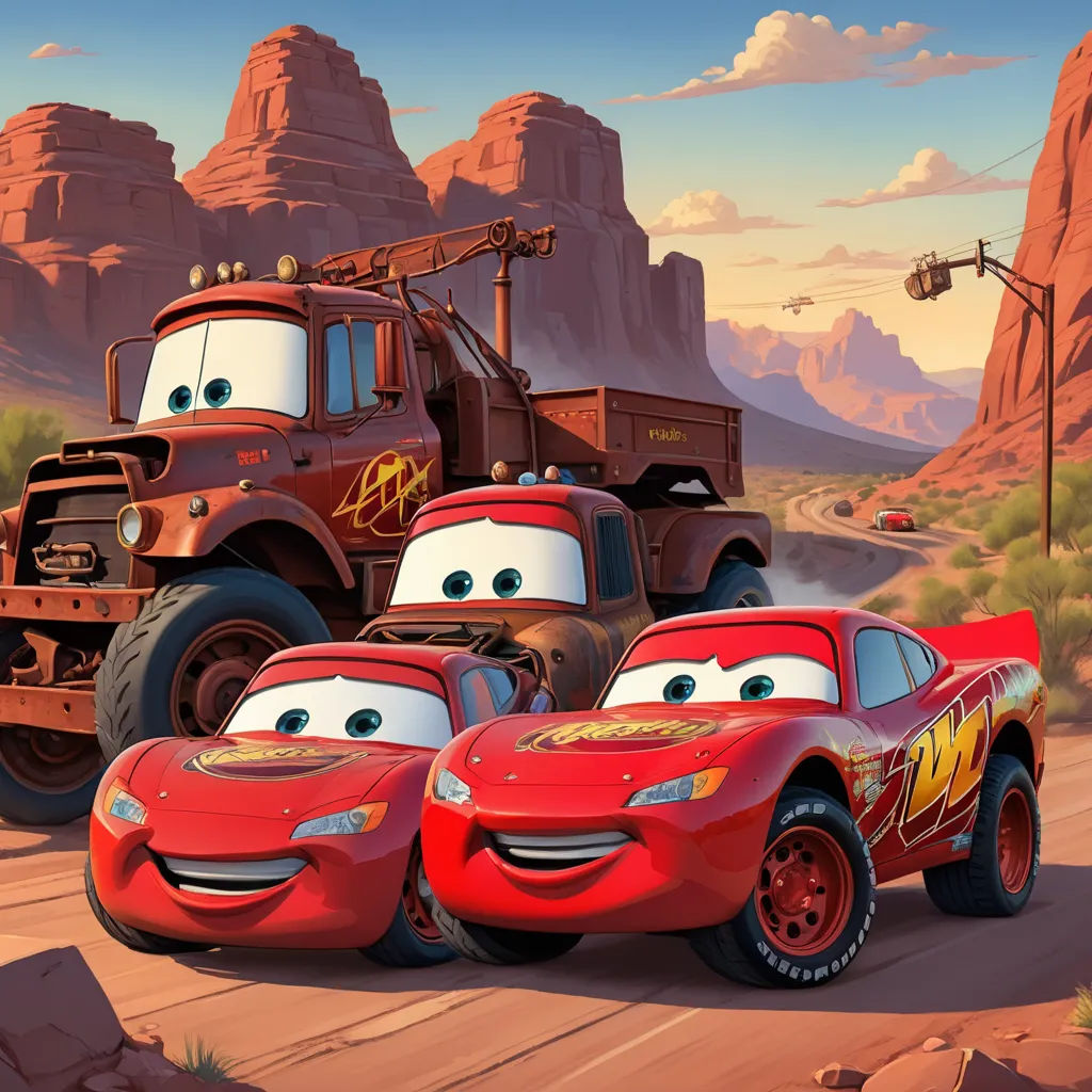 a cartoon character is driving a car with another character in the background in a desert scene with mountains and a sky, sots art, concept art, Felix-Kelly, pixar and disney animation