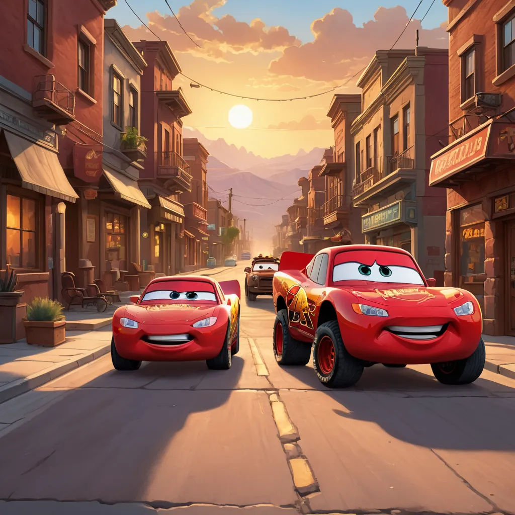 a cartoon scene of cars driving down a street with a sunset in the background and a person in the foreground, sots art, concept art, Cornelisz Hendriksz Vroom, pixar and disney animation