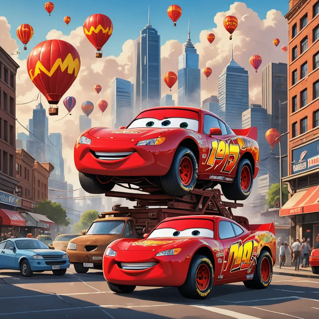 a cartoon character is riding on top of a car in the disney cars movie, with balloons in the background, sots art, poster art, disney, pixar and disney animation