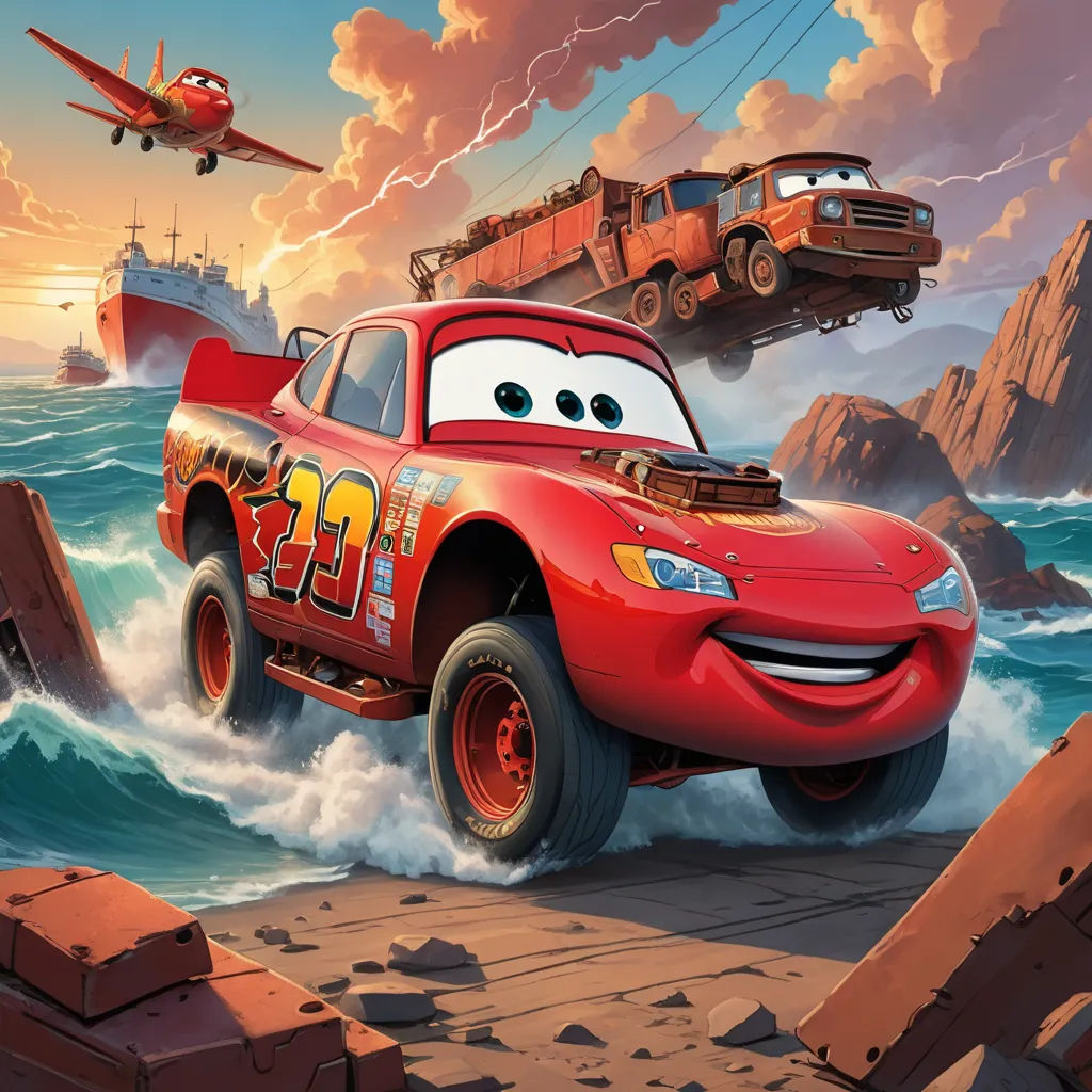 a cartoon character is flying over a car in the ocean with a plane in the background and a boat in the air, sots art, poster art, Cliff Childs, official art