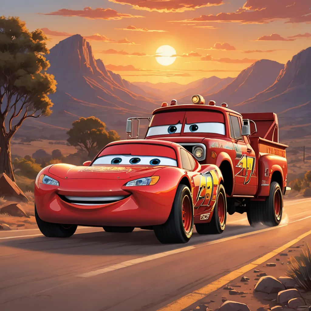 a cartoon character is driving a red car in the road with a mountain background and a sunset behind him, sots art, concept art, Donald Roller Wilson, official art