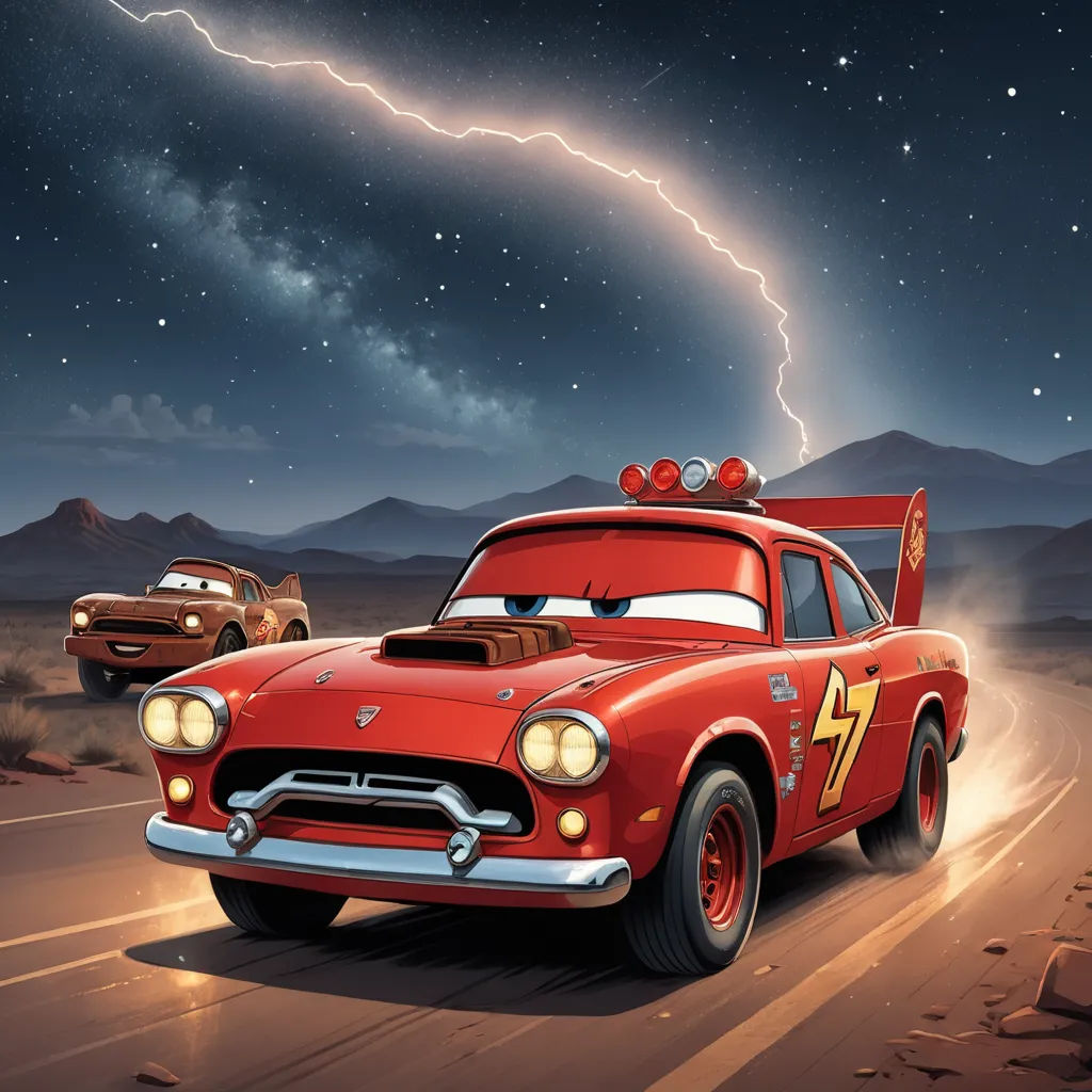 a cartoon character is driving a red car in the desert with lightning in the background and lightning coming from the sky, sots art, an ultrafine detailed painting, Cliff Childs, pixar and disney animation