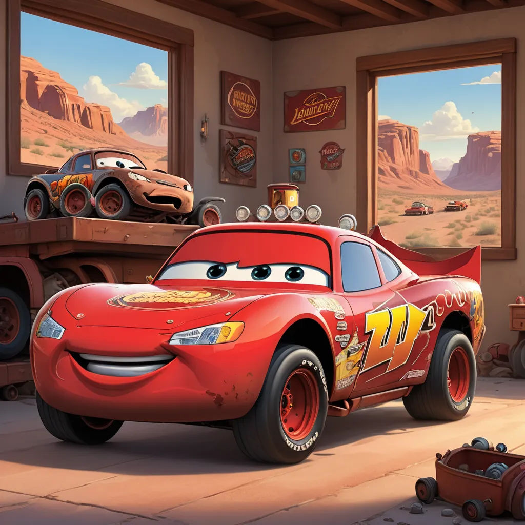 a cartoon character is driving a red car in a garage with a truck in the background and a mountain in the background, sots art, concept art, Eddie Mendoza, official art
