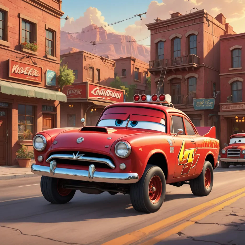 a cartoon character is driving in a red car in the disney movie cars movie, cars 2, disney cars, disney pixa, photorealism, concept art, Eddie Mendoza, pixar and disney animation