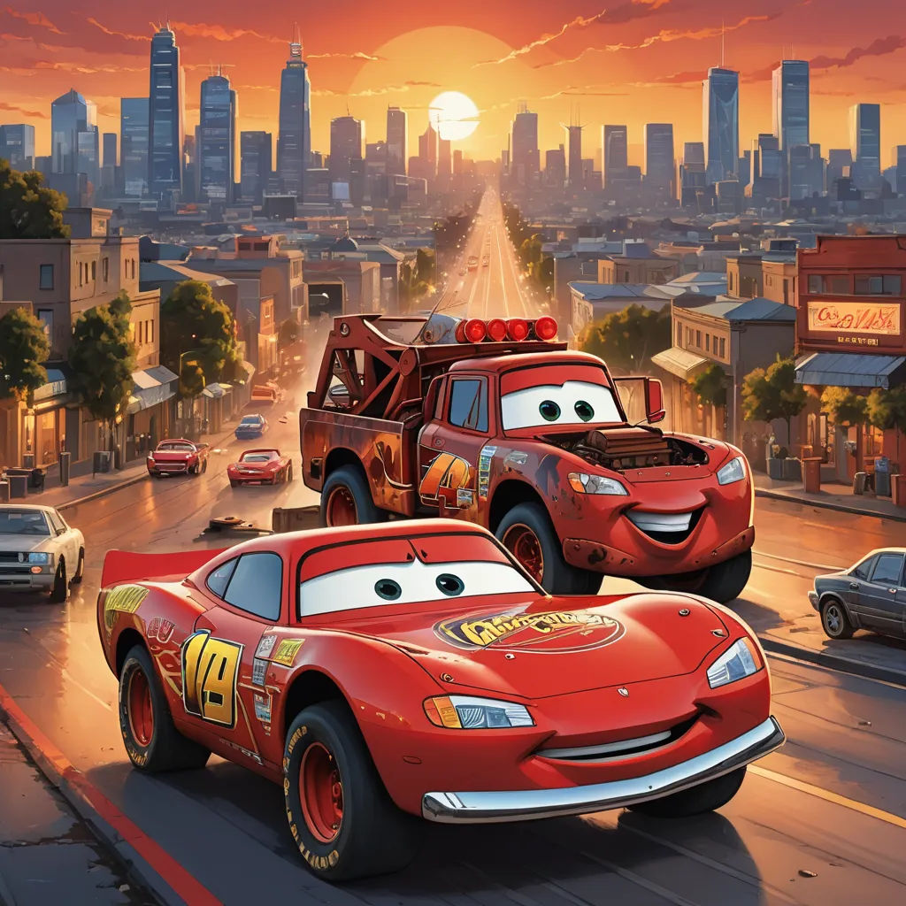 a cartoon scene of cars driving down a street with a city in the background and a firetruck in the foreground, sots art, concept art, Altichiero, promotional image