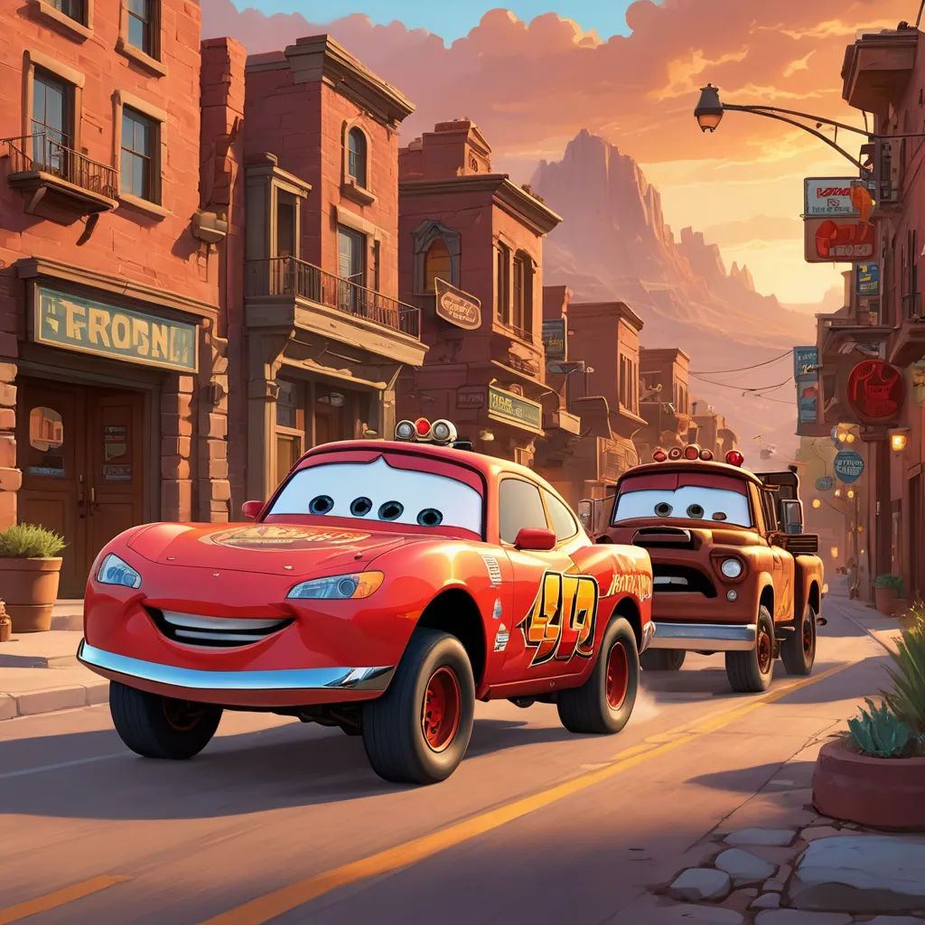 a cartoon scene of cars driving down a street with a mountain in the background and a building with a sign that says e - roon, sots art, concept art, Eddie Mendoza, pixar and disney animation
