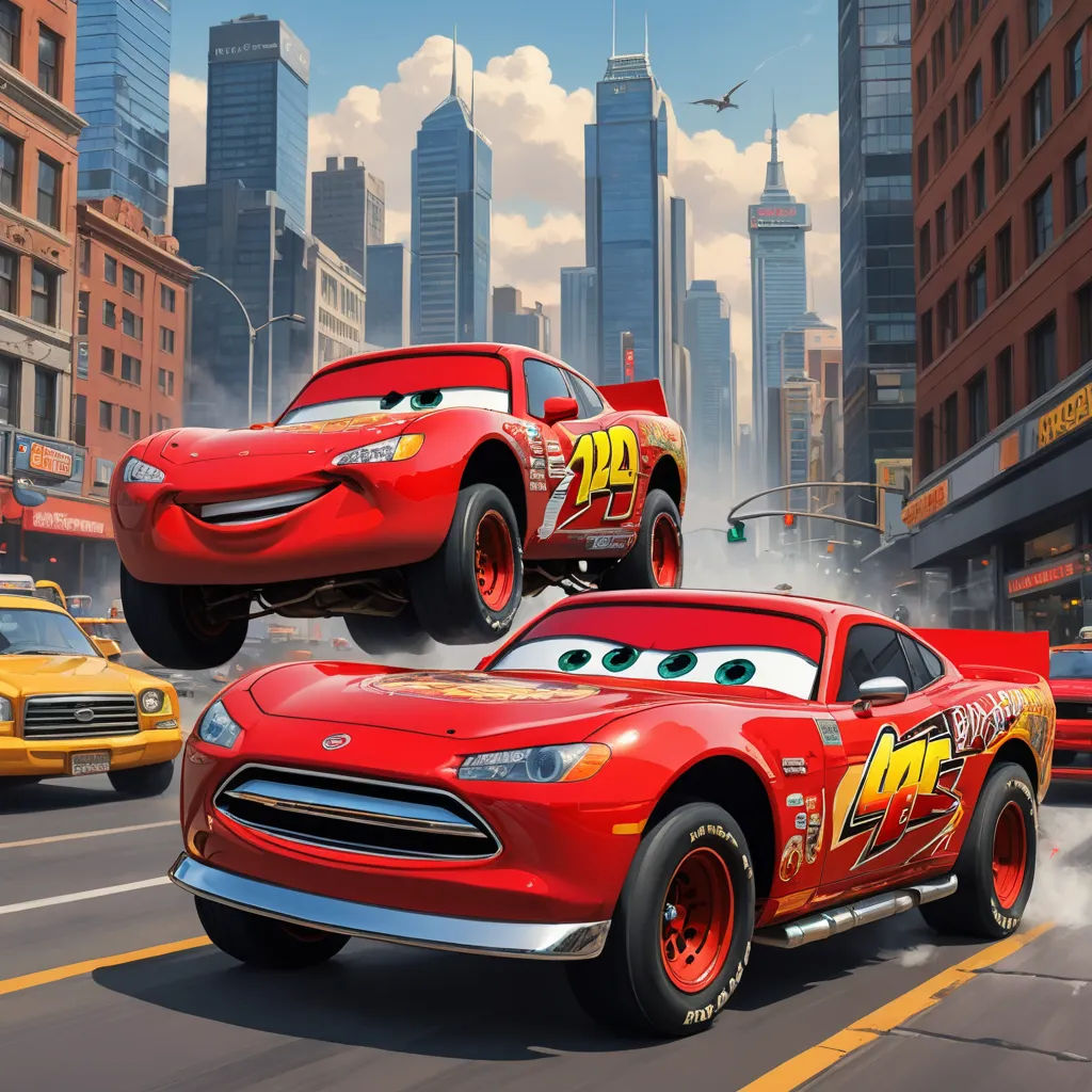 a cartoon of cars racing in the city with skyscrapers in the background and a cartoon of lightning from cars, excessivism, poster art, Eddie Mendoza, promotional image