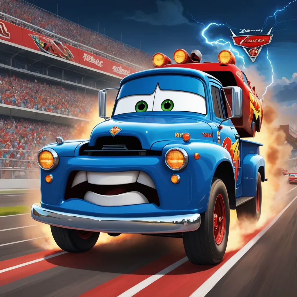 a cartoon character is driving a blue truck on a track with lightning in the background and a stadium full of spectators, sots art, concept art, Cliff Childs, pixar and disney animation
