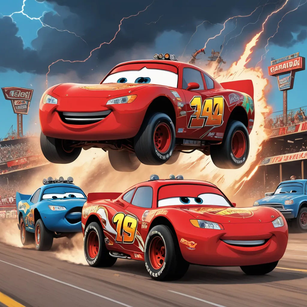 a cartoon of cars racing in a lightning storm with lightning behind them and lightning behind them, and lightning behind them, excessivism, poster art, Cornelisz Hendriksz Vroom, pixar and disney animation