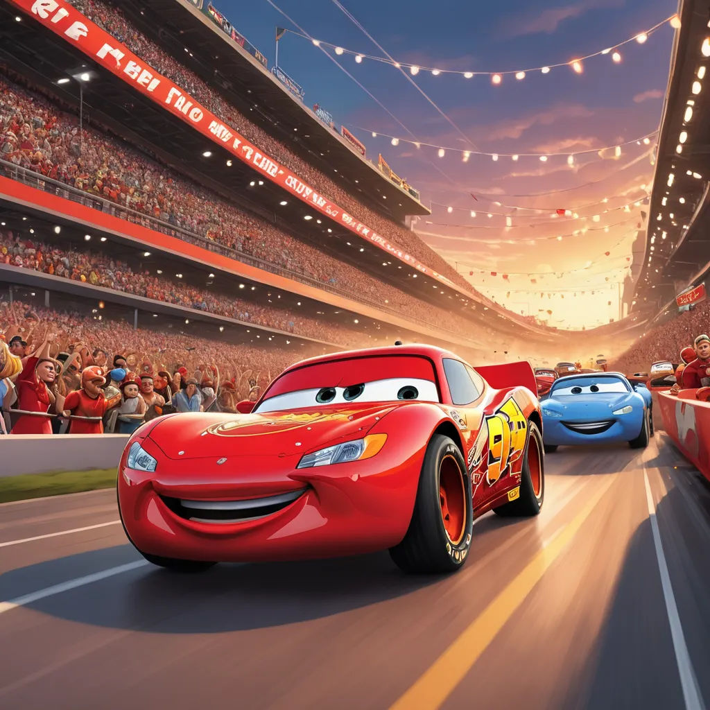 a cartoon character is driving in a race car in a movie scene with a crowd of people watching from the stands, excessivism, concept art, Cornelisz Hendriksz Vroom, pixar and disney animation
