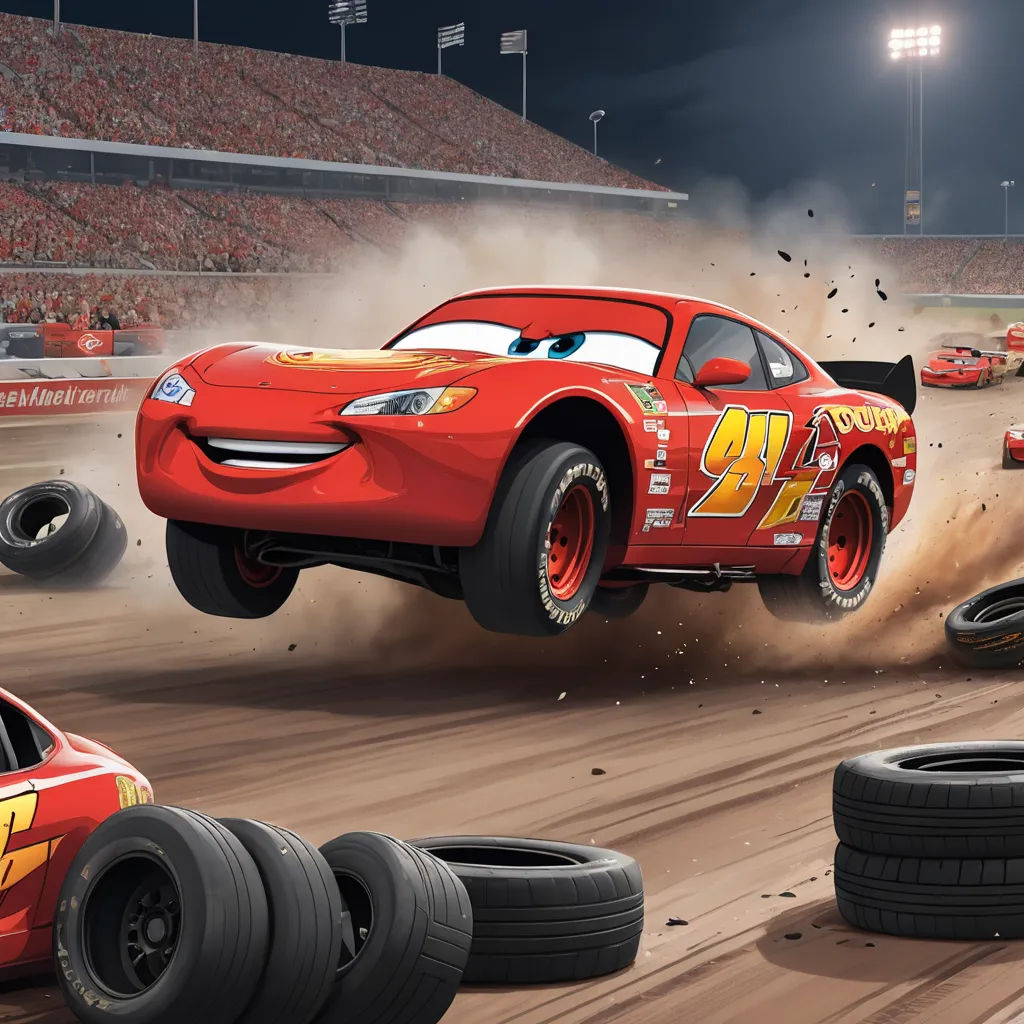 a cartoon character is racing a car through a dirt track with tires on the ground and a stadium in the background, sots art, concept art, Brian Despain, pixar and disney animation