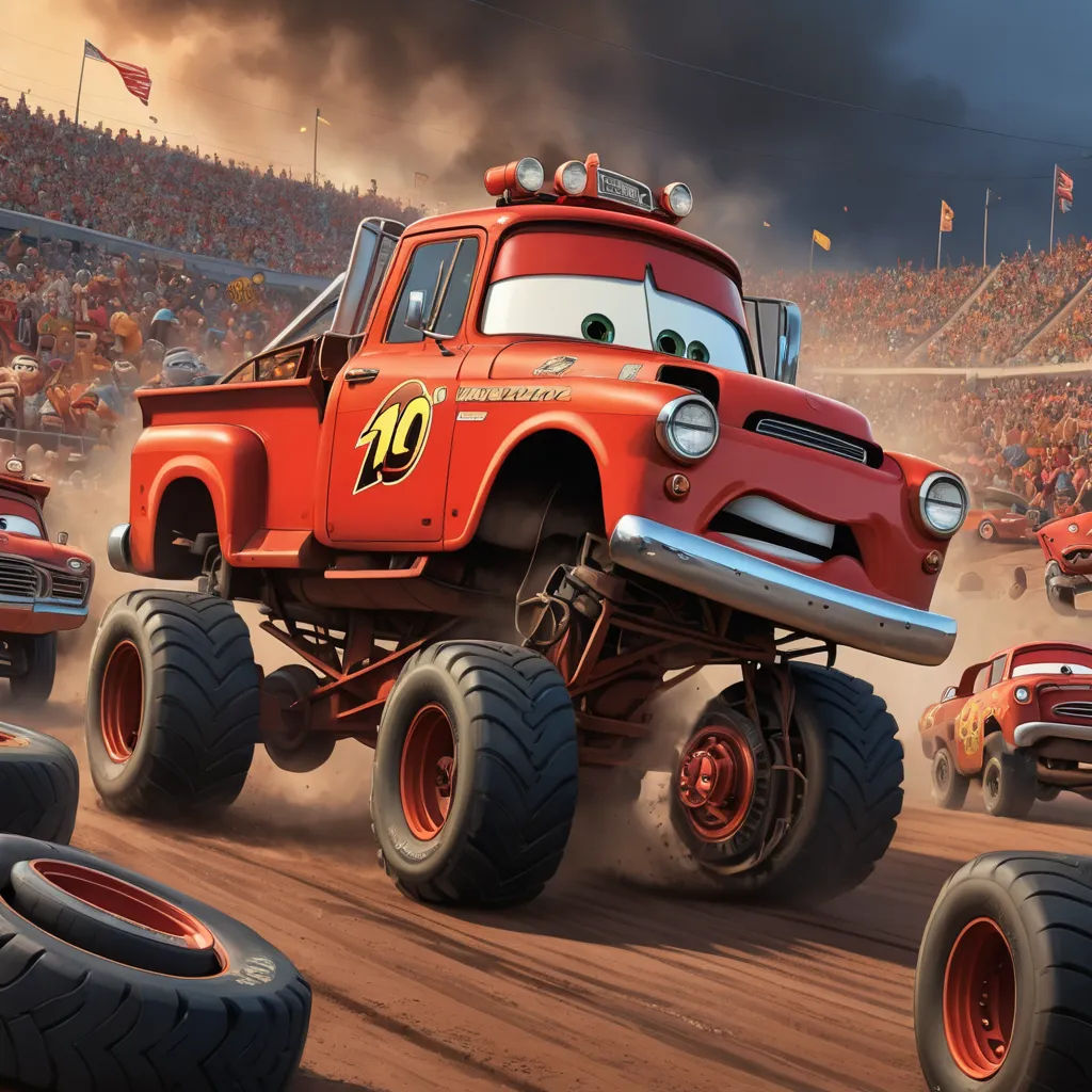 a cartoon character is driving a red truck in a race with other cars in the background and a crowd of people watching, sots art, concept art, Eddie Mendoza, pixar and disney animation
