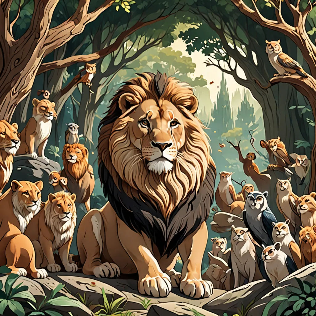 a painting of a lion surrounded by other animals in a forest with trees and rocks, with a bird on its back, Chris LaBrooy, furry art, a storybook illustration, highly detailed digital painting