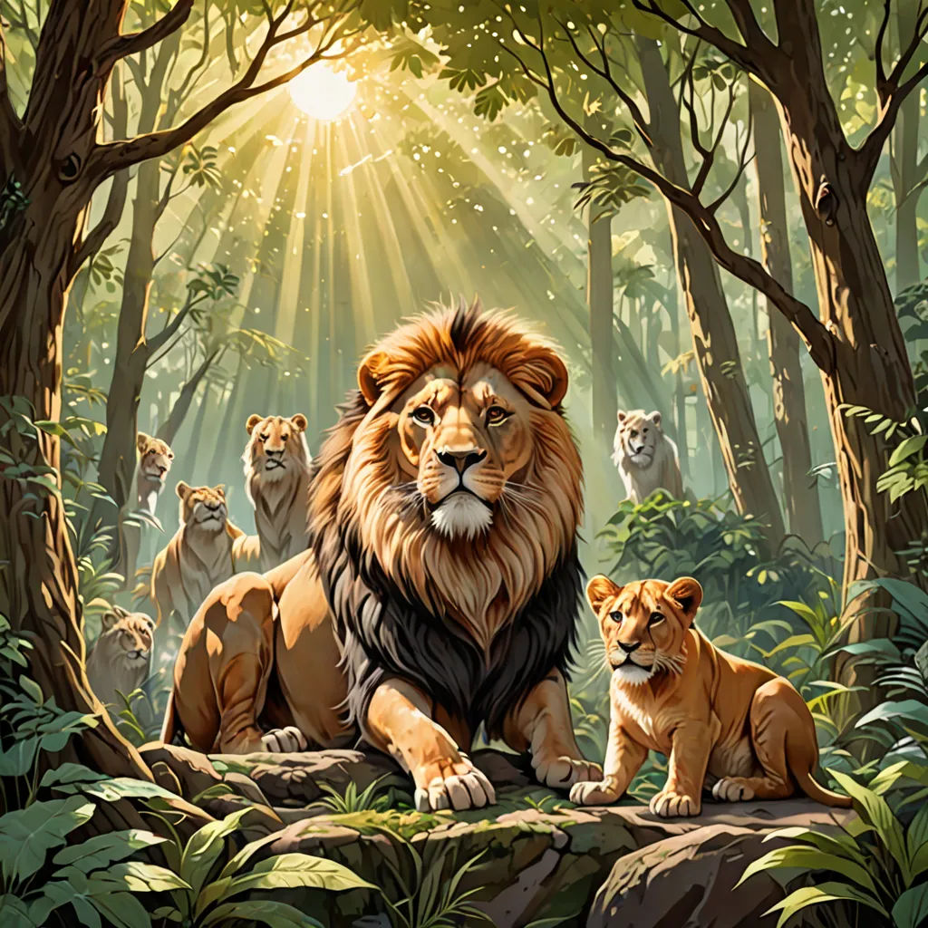a painting of lions in a forest with sunlight shining through the trees and on the ground, surrounded by other lions, Chris LaBrooy, fantasy art, an oil painting, official art