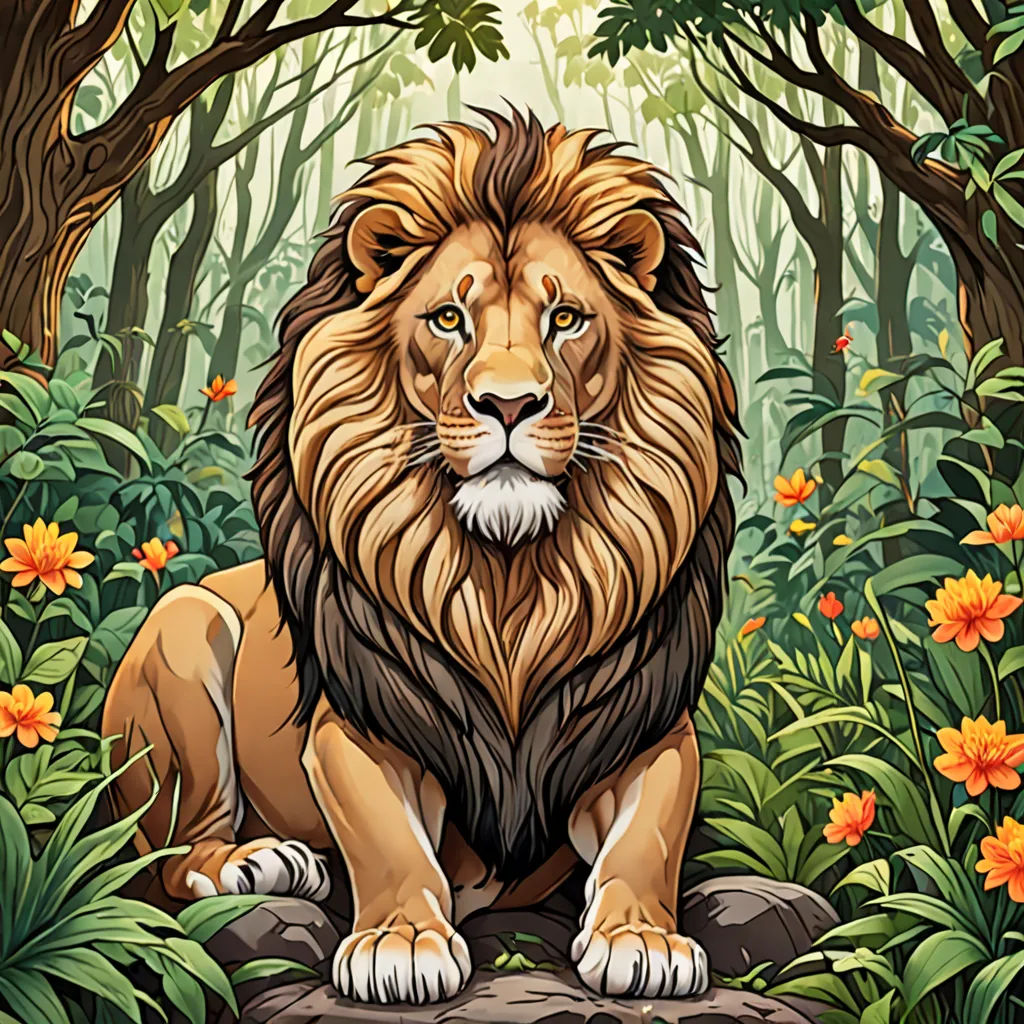 a lion sitting in the middle of a forest with flowers and trees around it, with a bright yellow light shining on the lion's face, Chris LaBrooy, fantasy art, a character portrait, trending on art station