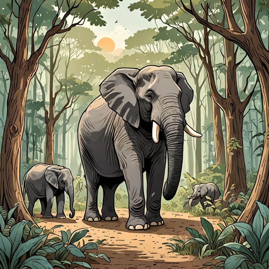 a large elephant and two small elephants walking through a forest with trees and bushes on either side of the elephant, Dan Mumford, sumatraism, a storybook illustration, jungle