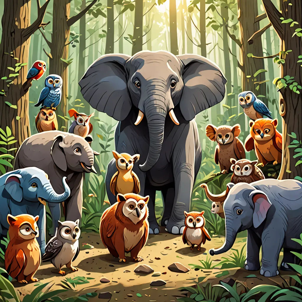 a group of animals standing in the middle of a forest with a bird on top of one of them, Chris LaBrooy, sumatraism, a storybook illustration, promotional image