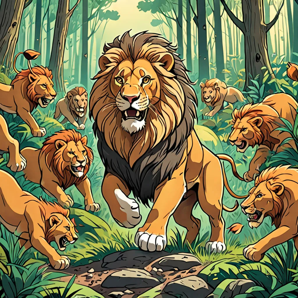 a group of lions running through a forest filled with trees and rocks, with a lion in the middle of the picture, Chris LaBrooy, furry art, a storybook illustration, detailed illustration