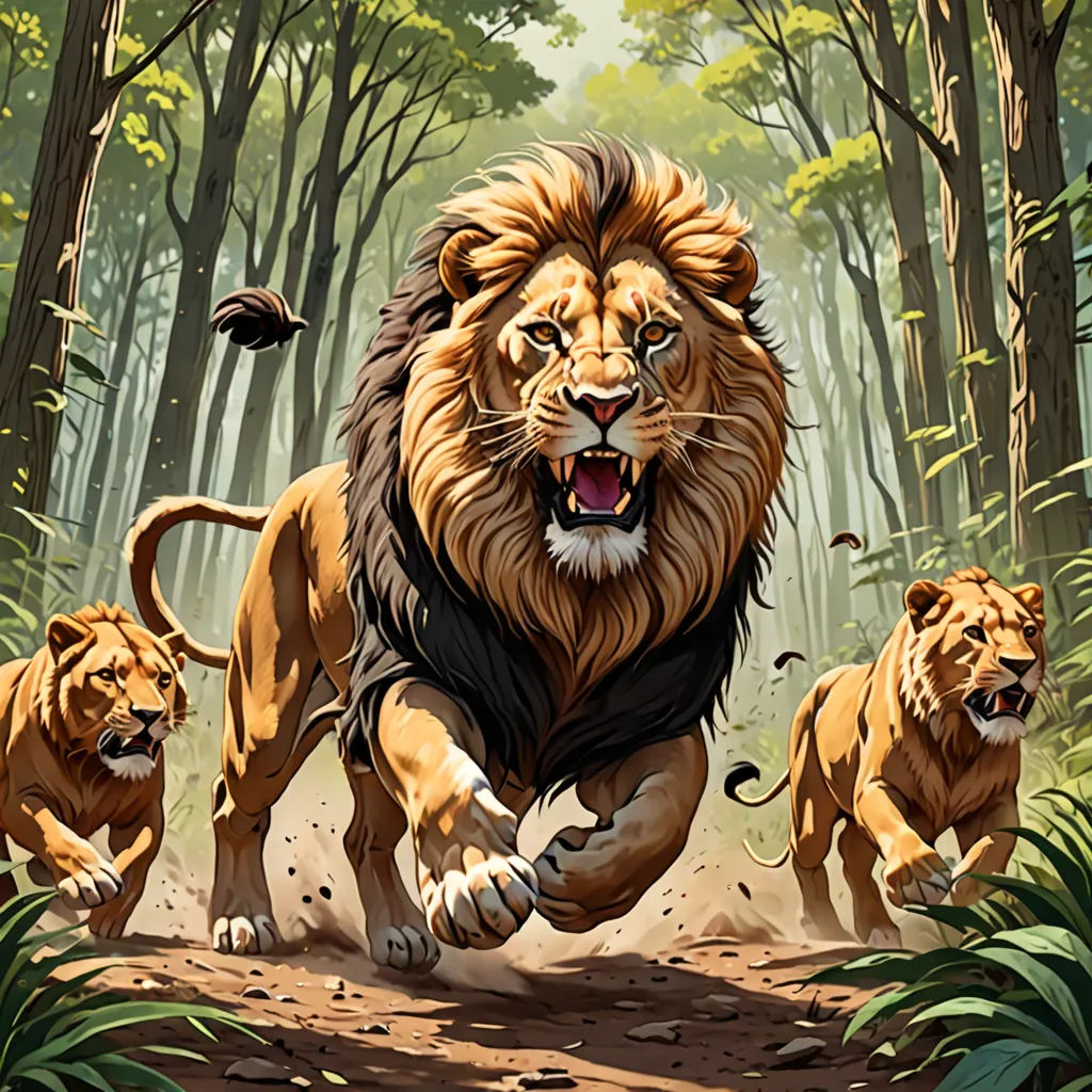 a lion running through a forest with two cubs on a path to the woods with trees and bushes behind it, Chris LaBrooy, fantasy art, concept art, magic the gathering artwork