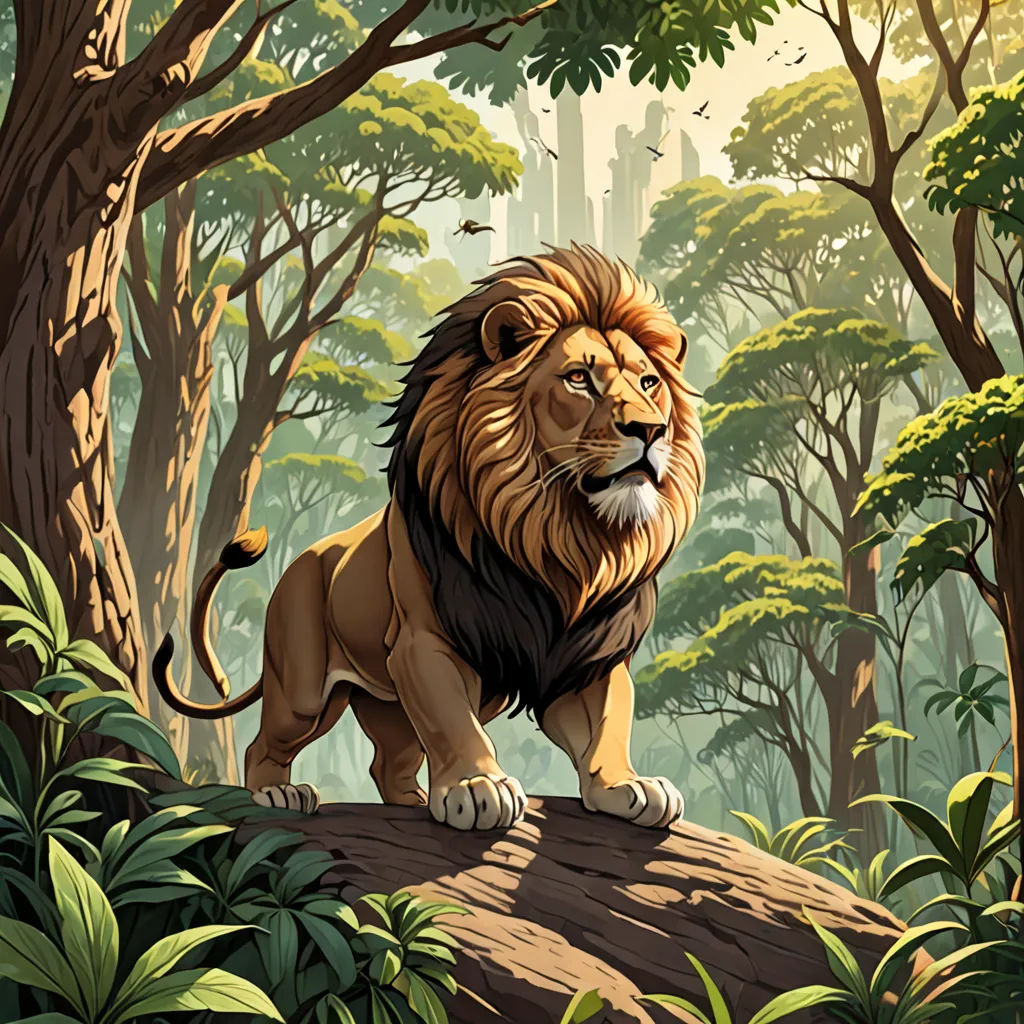 a lion standing on a log in a forest with trees and bushes around it, with a city in the background, Chris LaBrooy, fantasy art, poster art, official art