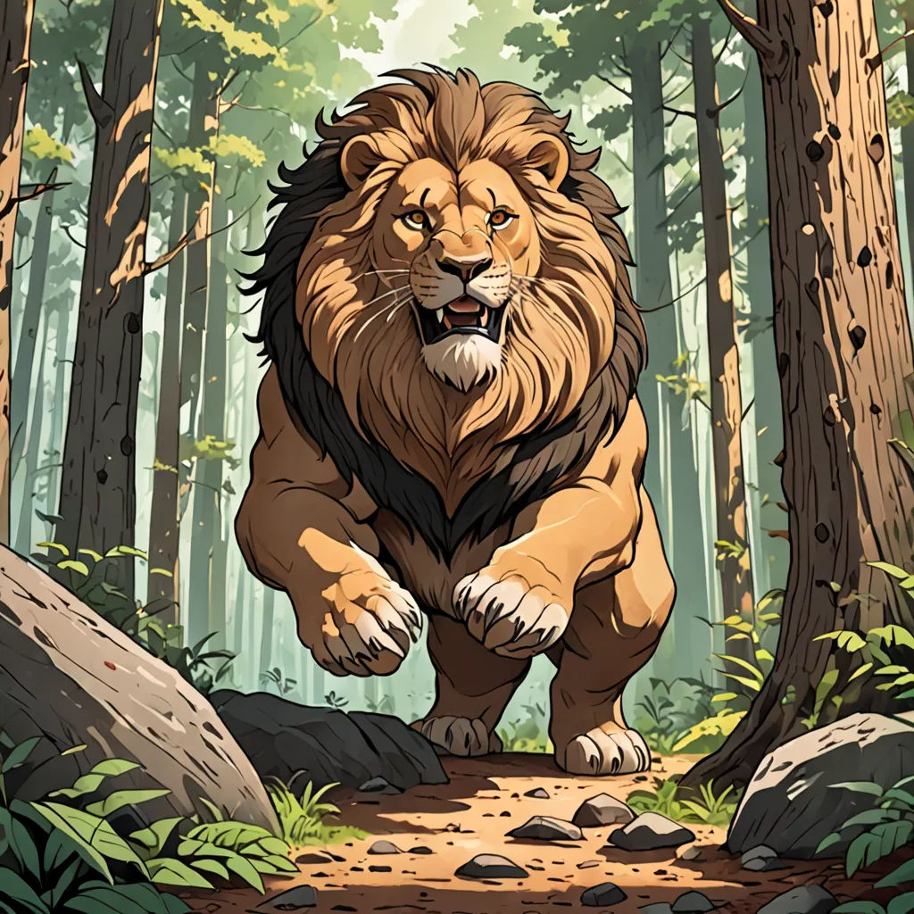 a lion running through a forest with rocks and trees in the background, with a path leading to it, Chris LaBrooy, furry art, a storybook illustration, official art