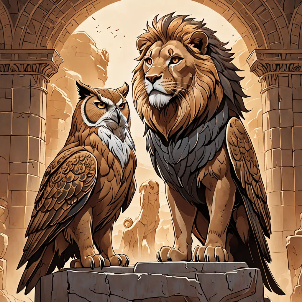 two owls sitting on a rock with a lion in the background and another owl standing on a rock in the foreground, Dan Mumford, fantasy art, a storybook illustration, rossdraws global illumination