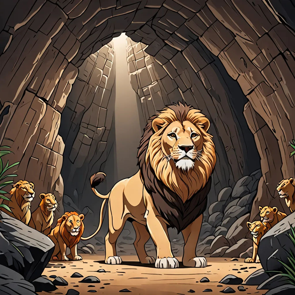 a lion standing in a cave with other lions around it and a light coming from the cave door behind it, Don Bluth, furry art, a cave painting, official art