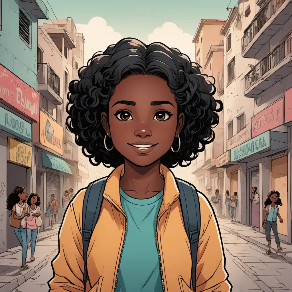 a cartoon of a woman standing in a street with a backpack on her shoulder and people walking on the sidewalk behind her, serial art, a character portrait, Ella Guru, comic cover art