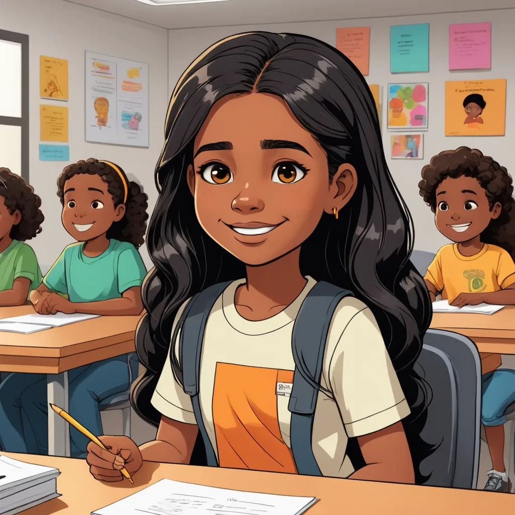 a cartoon of a girl sitting at a desk with a pencil in her hand and other children behind her, northwest school, concept art, Ella Guru, official art