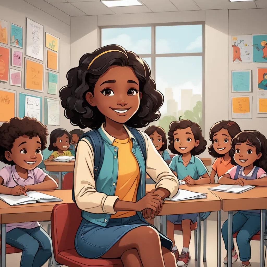 a cartoon of a girl sitting at a desk in a classroom with other children in the background and a teacher standing behind her, paris school, concept art, Ella Guru, official art
