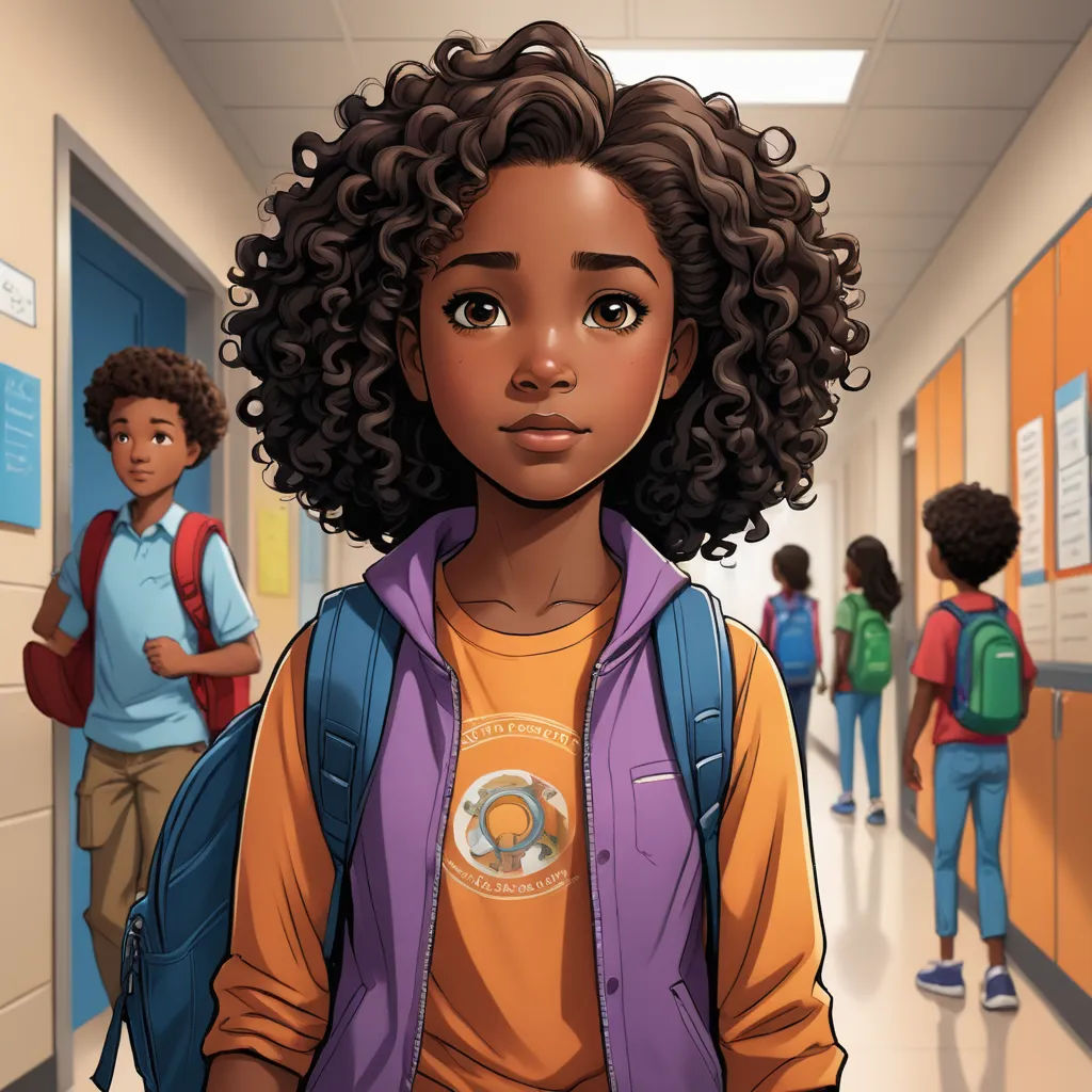 a cartoon of a girl with a backpack in a hallway with other children in the background and a hallway with orange walls, american scene painting, a character portrait, Cedric Seaut (Keos Masons), comic cover art