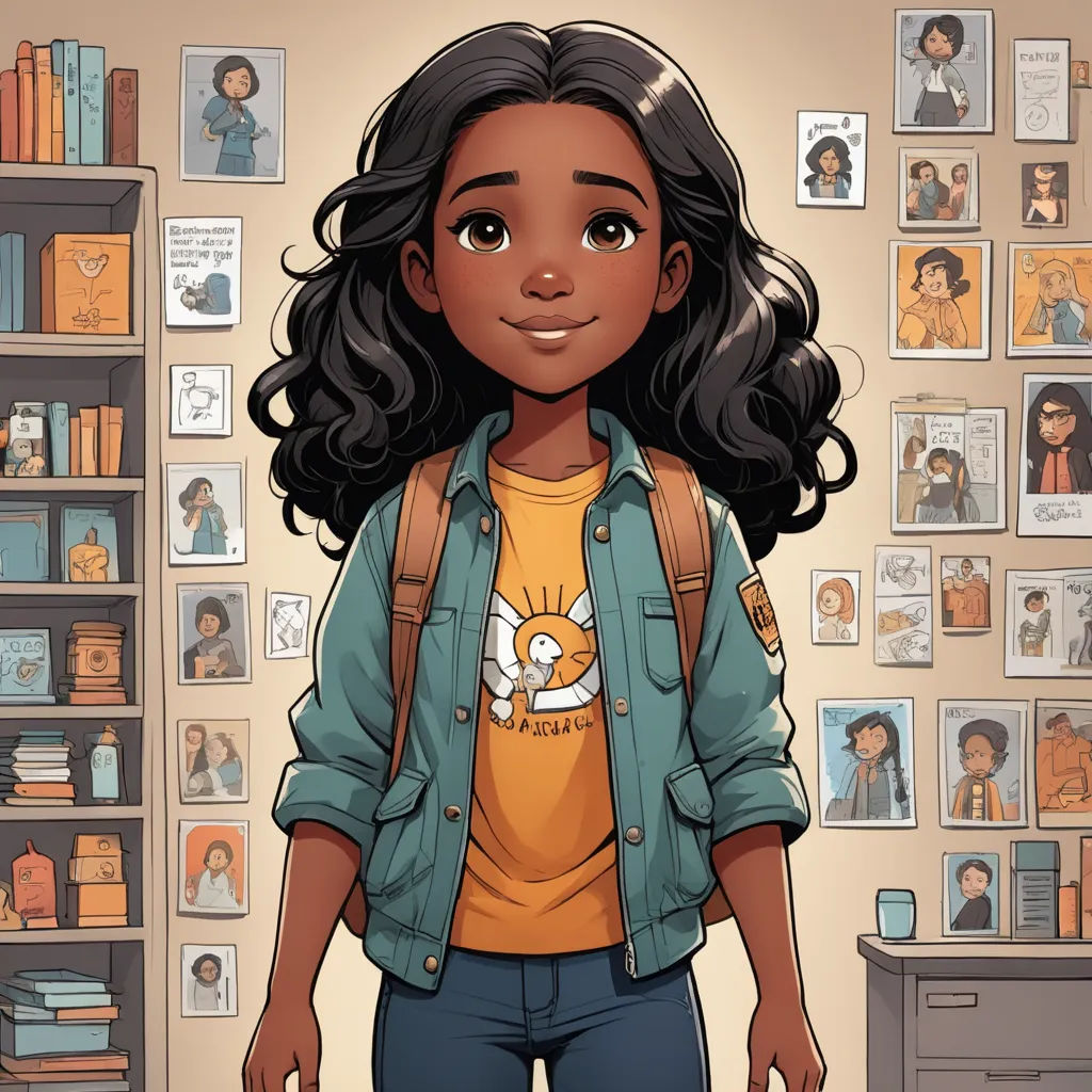 a cartoon of a girl standing in front of a book shelf with books on the wall behind her and a bookcase with books on the wall, process art, a character portrait, artist, comic cover art