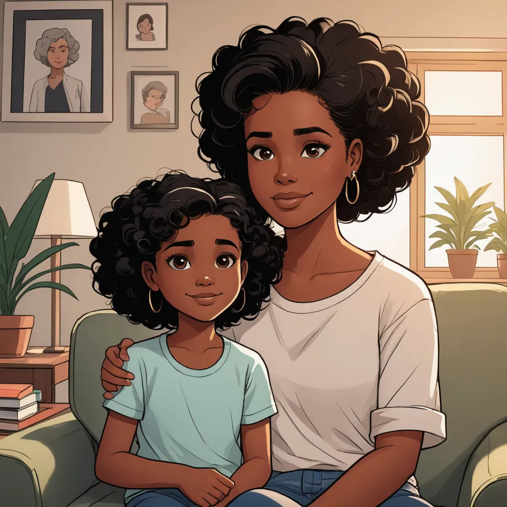 a woman and a child sitting on a couch in a living room with a plant in the corner of the room, serial art, a comic book panel, Constance Gordon-Cumming, comic cover art
