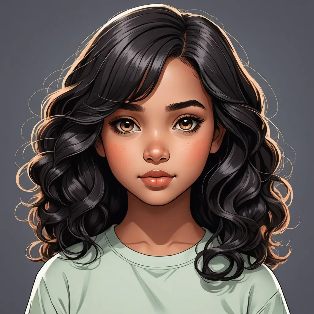 a girl with long black hair and brown eyes is shown in a cartoon style, with a green shirt, photorealism, a character portrait, Artgerm, realistic shaded perfect face