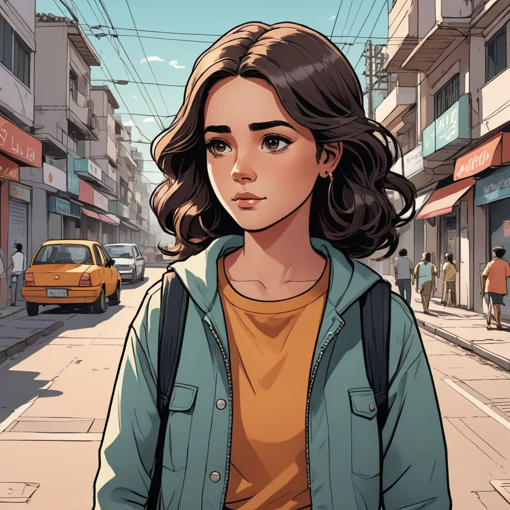 a woman standing on a city street with a backpack on her shoulder and a yellow taxi behind her,, serial art, a comic book panel, Artgerm, comic cover art