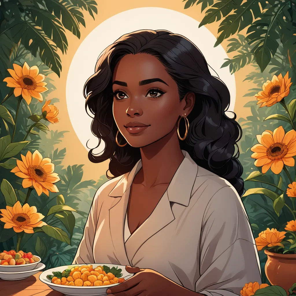 a woman holding a plate of food in front of a sunflower field with sunflowers in the background, art nouveau, a character portrait, Constance Gordon-Cumming, sun