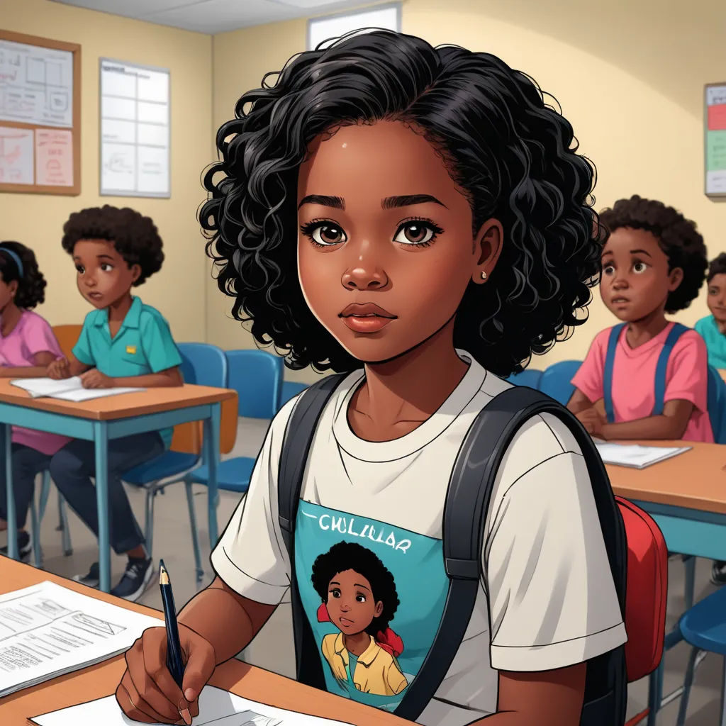 a cartoon of a girl sitting at a desk with a pen and paper in her hand and a book in front of her, harlem renaissance, concept art, Alexis Simon Belle, brown skin