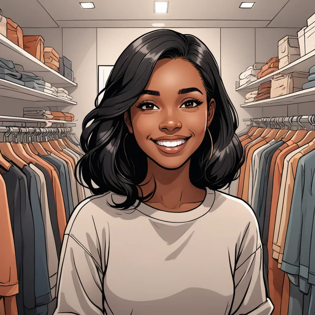 a woman standing in front of a closet full of clothes and a t - shirt on a rack with a smile, furry art, a character portrait, Chinwe Chukwuogo-Roy, brown skin