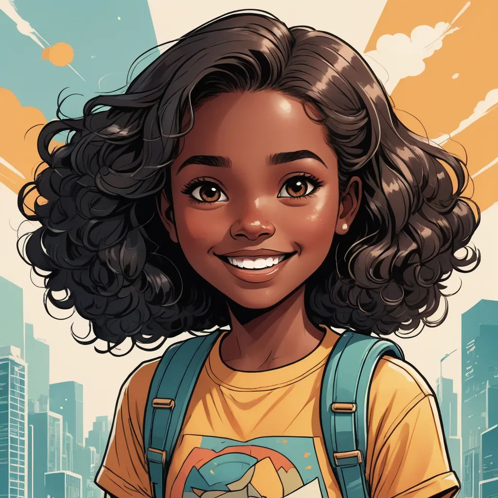 a cartoon girl with a backpack and a city background is smiling at the camera, with a cityscape in the background, afrofuturism, a character portrait, Artgerm, stanley artgerm lau