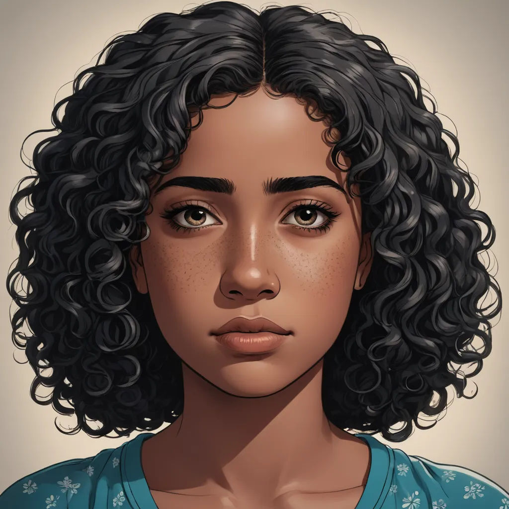 a digital painting of a woman with curly hair and blue shirt on a gray background with a white background, photorealism, a character portrait, Constance Gordon-Cumming, character portrait